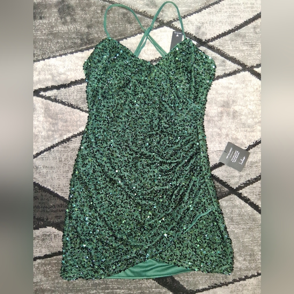 NWT Lulus Size Medium Emerald Sequin Faux Wrap Bodycon Homecoming Dress! - Picture 7 of 16